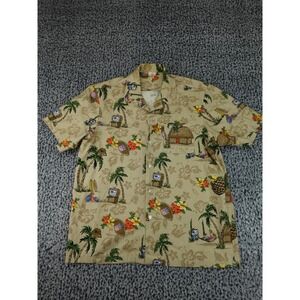 Scorpio NFL Tropical Hawaiian Shirt Mens L Tan Good Vintage Made in USA Tiki Hut
